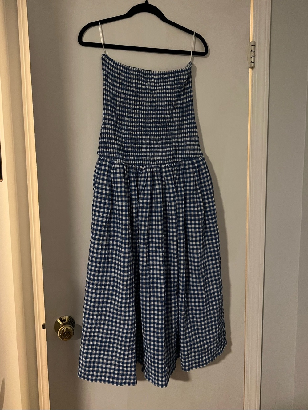 Maeve Blue Gingham Strapless Midi Dress